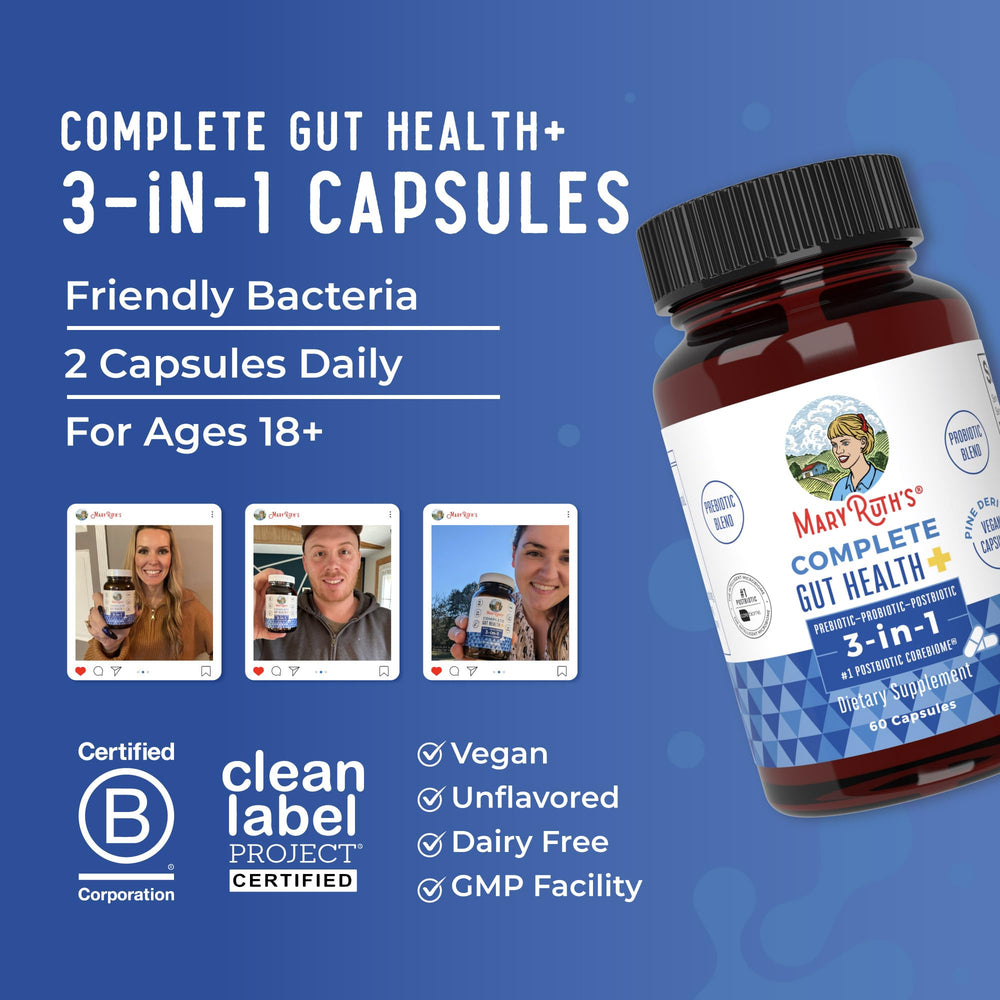 Dairy-free, nut-free, soy-free claim on MaryRuth's Gut Health+ label