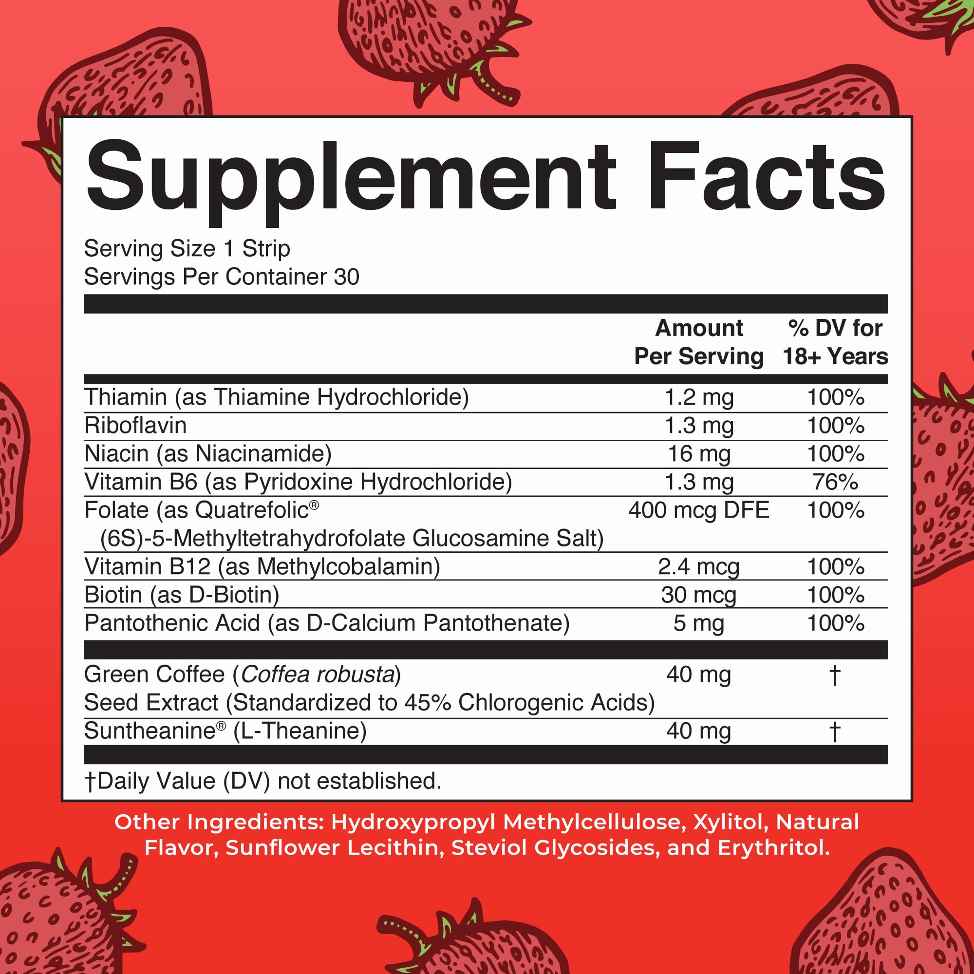 MaryRuth's Energy Dissolving Strip front packaging highlights vegan, gluten-free formula.