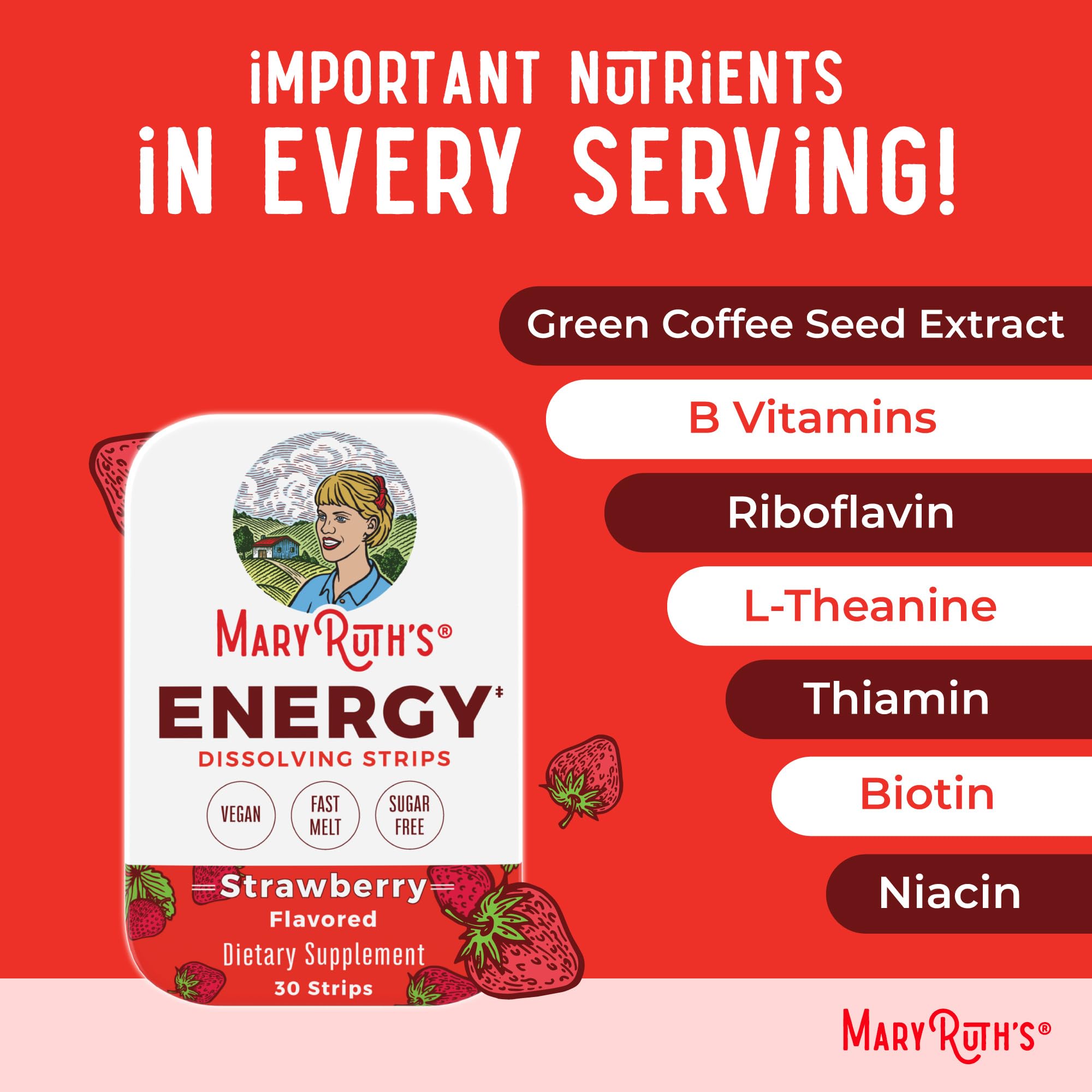 MaryRuth's Energy Dissolving Strip label shows B vitamins and L-theanine.