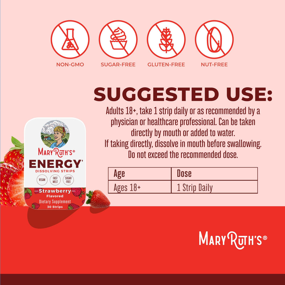 MaryRuth's Energy Dissolving Strip on tongue dissolving fast for convenience.