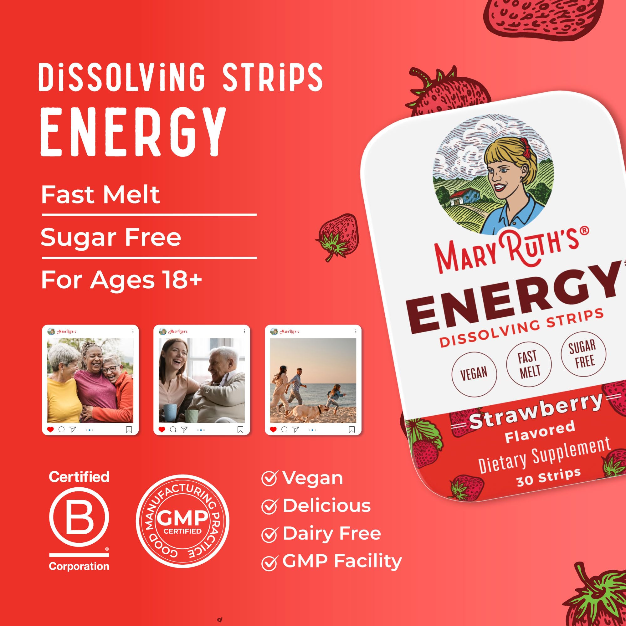 MaryRuth's Energy Dissolving Strip vegan and sugar-free credentials.