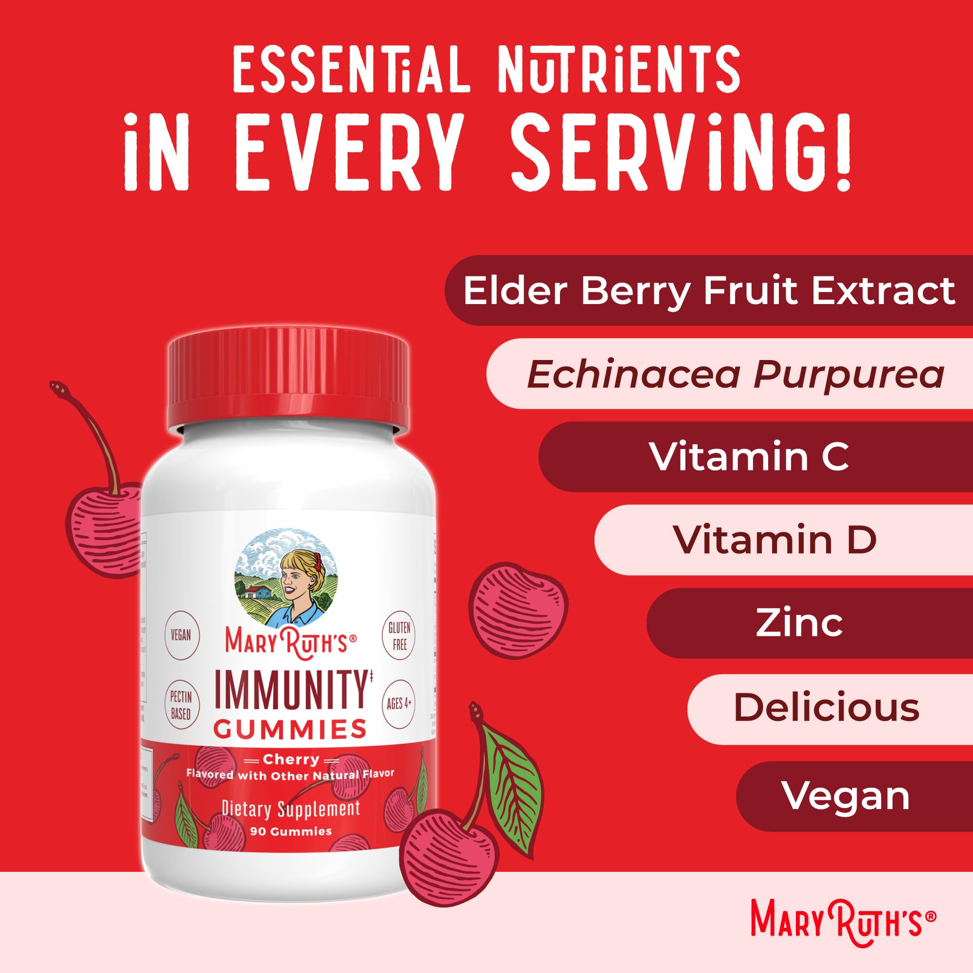MaryRuth's Immunity Gummies cherry flavor presentation evokes pleasant taste.