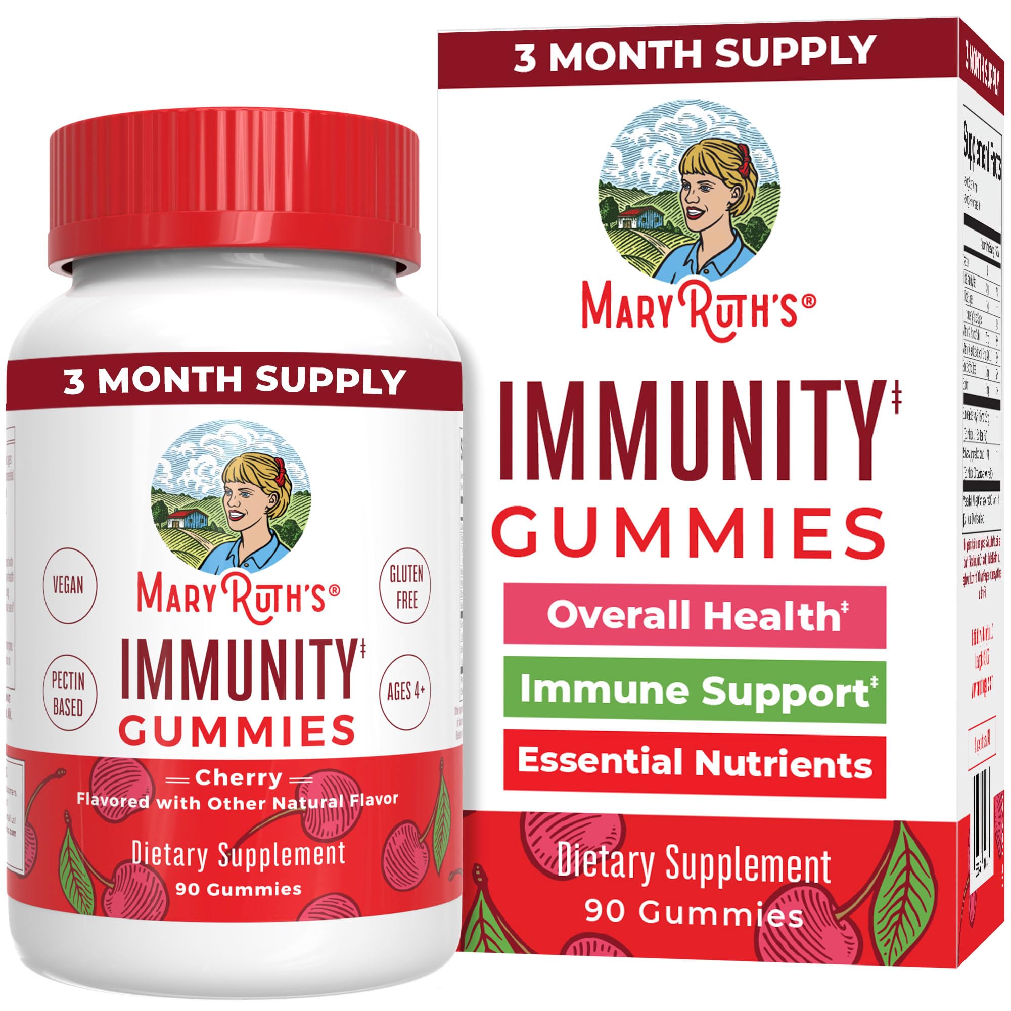 MaryRuth's Immunity Gummies jar front shows cherry flavor for daily immune support.