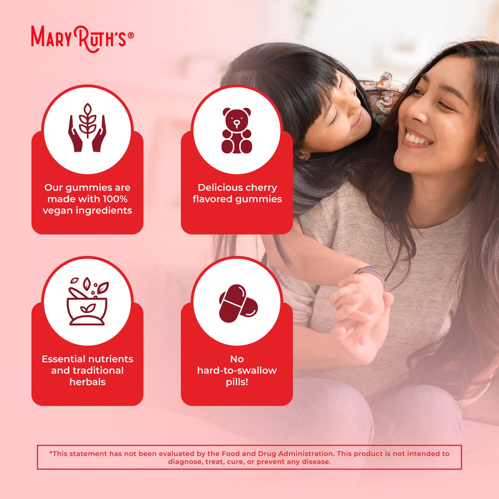 MaryRuth's Immunity Gummies kids and adults dosing image suggests shared use.