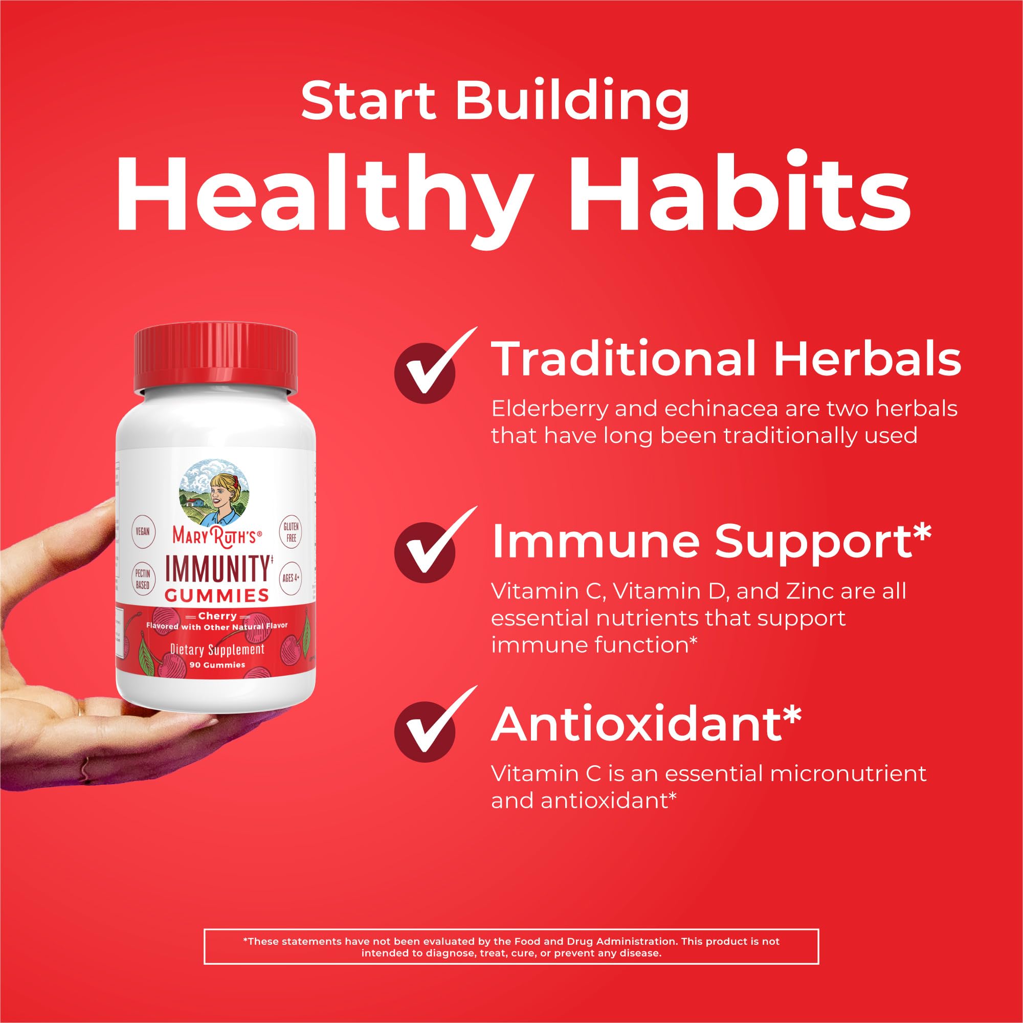 MaryRuth's Immunity Gummies label closeup emphasizes pectin-based vegan formula.