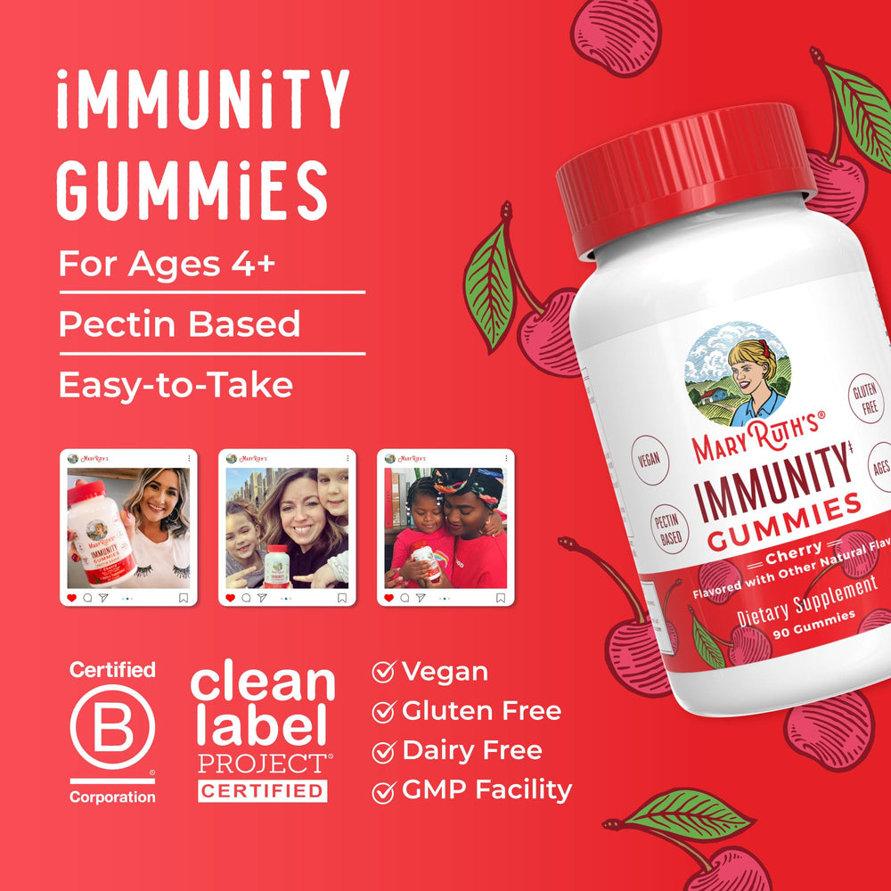 MaryRuth's Immunity Gummies vegan ingredients list showcases non-GMO and dairy-free options.