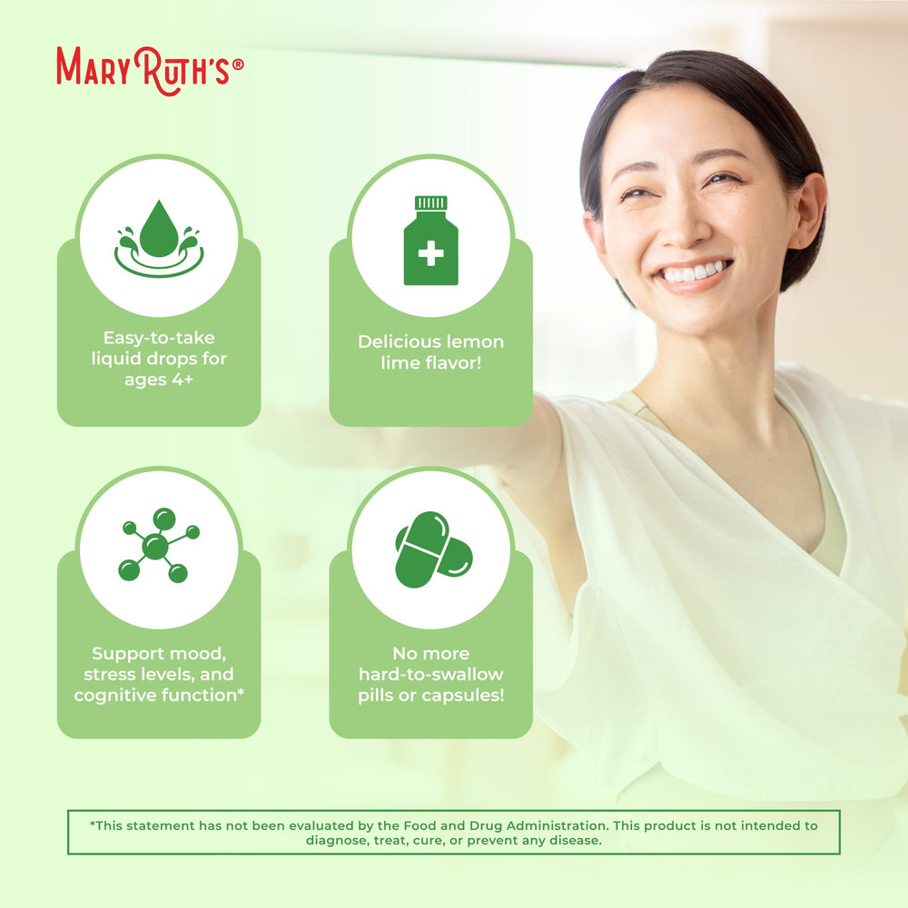 MaryRuth's L-Theanine adults dosing options on the label for daily routines.