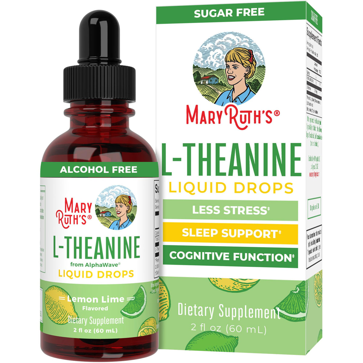 MaryRuth's L Theanine bottle with lemon-lime flavor for daily calm and focus.