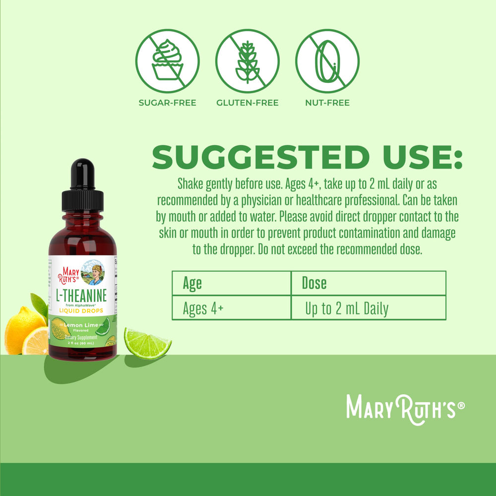 MaryRuth's L-Theanine lemon-lime drops blend easily into water for simple dosing.