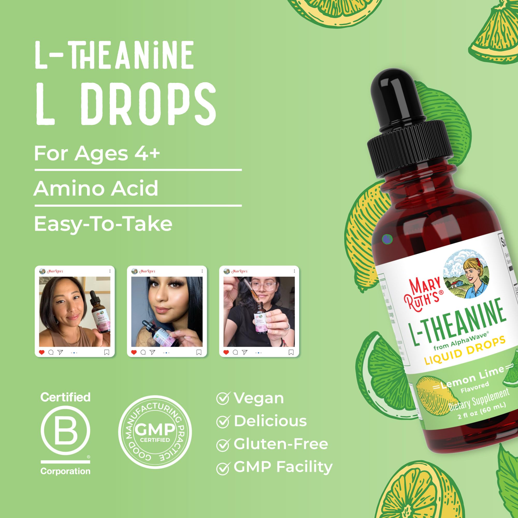 MaryRuth's L-Theanine packaging close-up confirms GMP manufacturing quality.