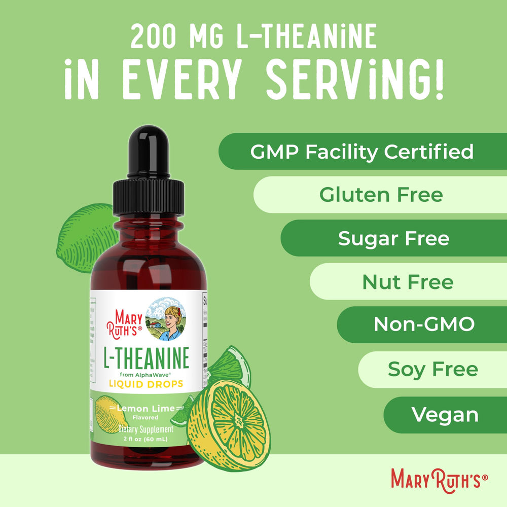 MaryRuth's L-Theanine natural ingredients showcase vegan, non-GMO, gluten-free formulation.