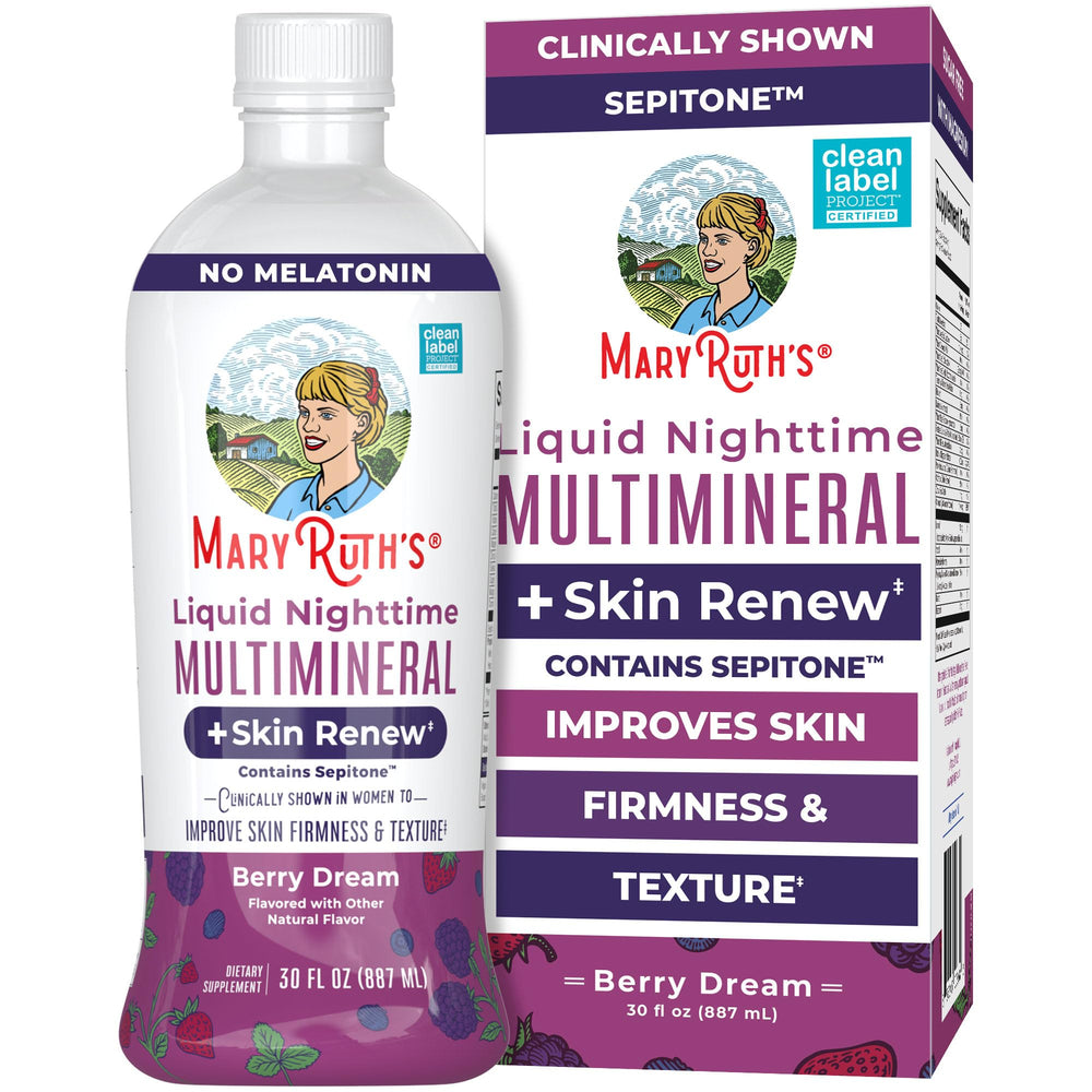 MaryRuth Organics Liquid Nighttime Multimineral bottle, showcasing convenient nightly skin support.