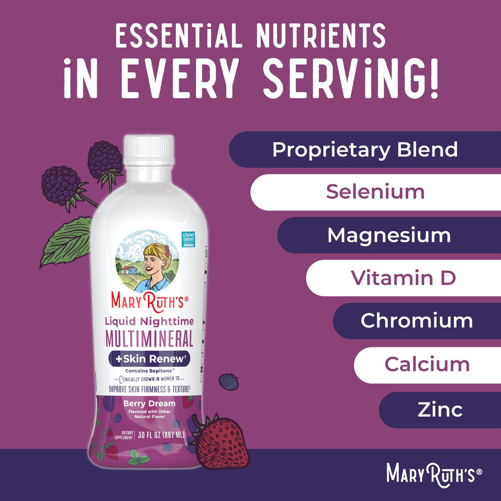 MaryRuth Organics vegan badge on Nighttime Multimineral bottle.