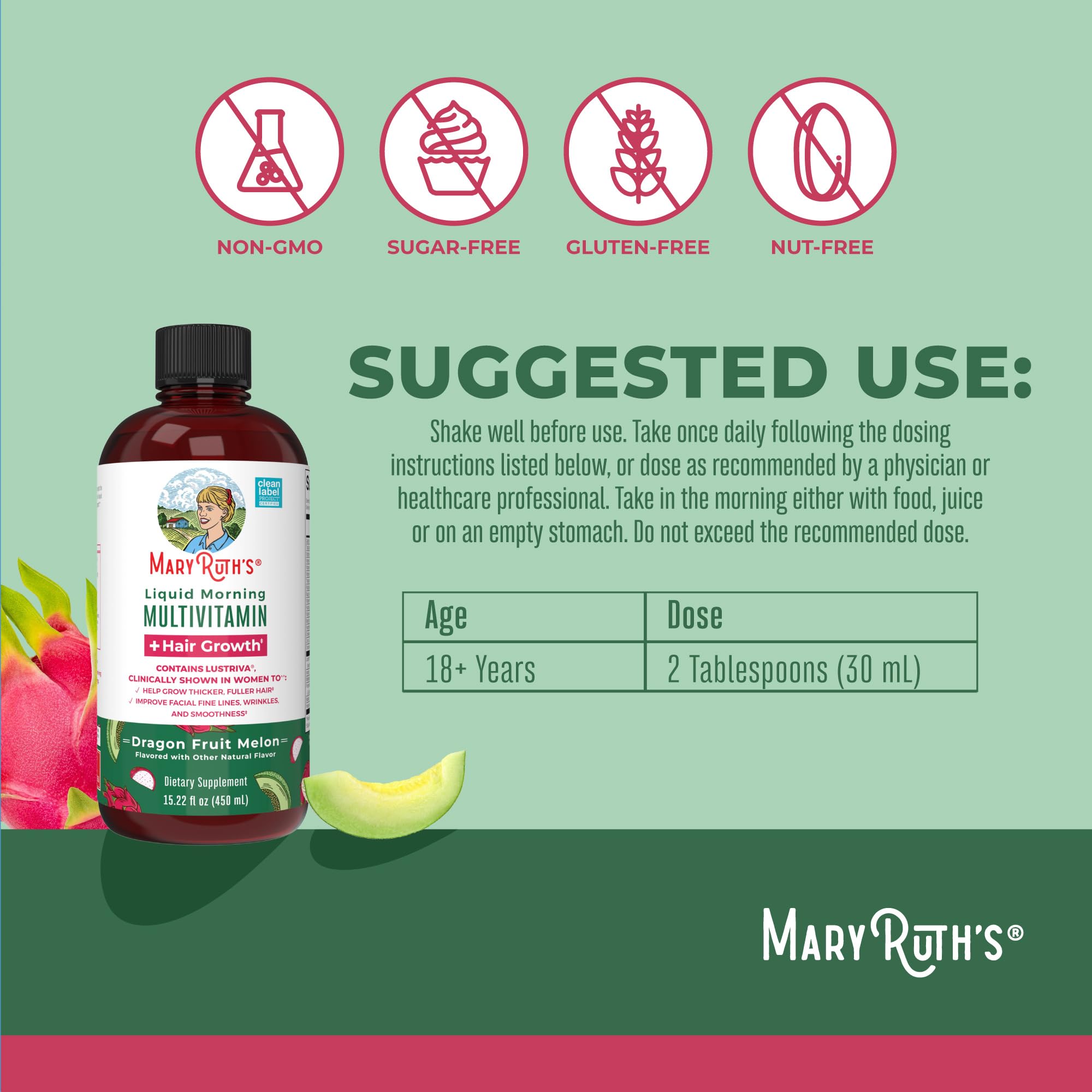 MaryRuth's Lustriva Hair Growth Ingredients Label highlights key vitamins.