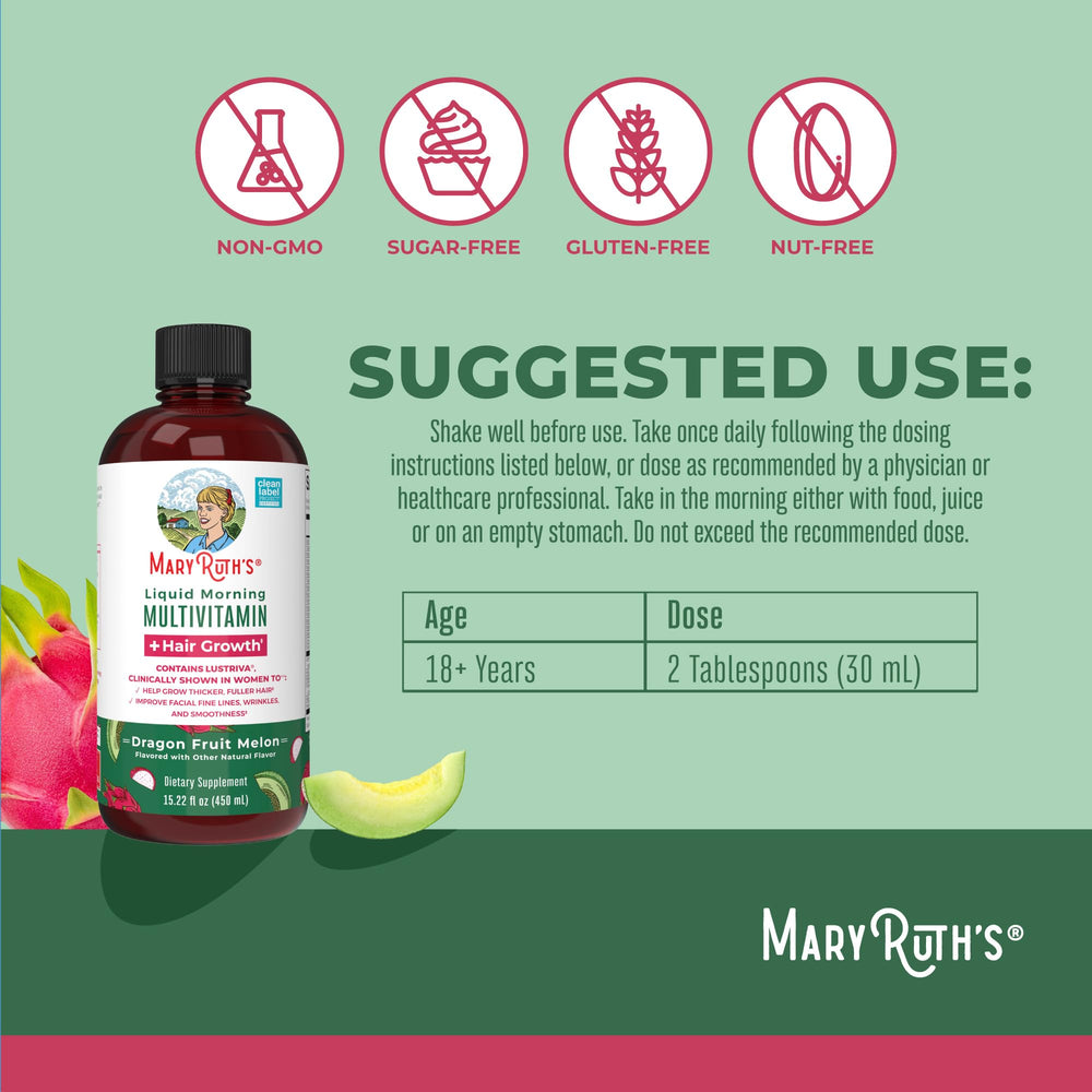 MaryRuth's Lustriva Hair Growth Ingredients Label highlights key vitamins.