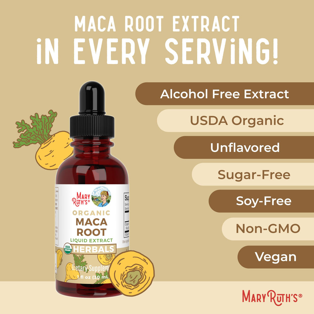 MaryRuth's Maca Root Liquid Drops GMP-certified badge visible