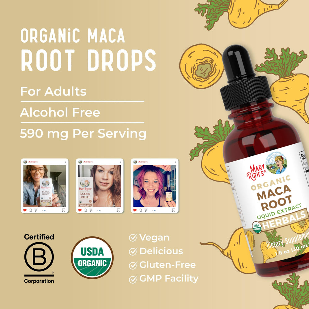 MaryRuth's Maca Root Drops on kitchen counter ready for daily use