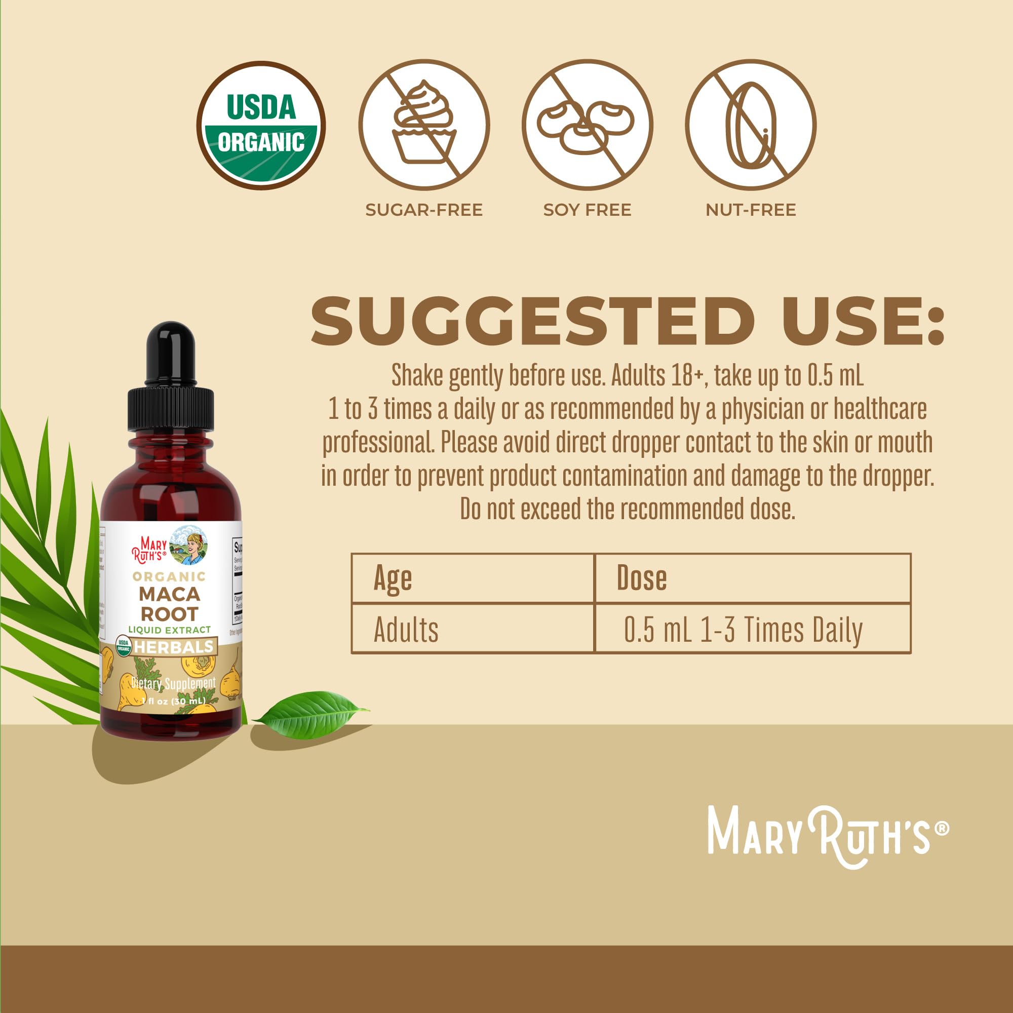 MaryRuth's Maca Root Liquid Drops label showing USDA Organic certification