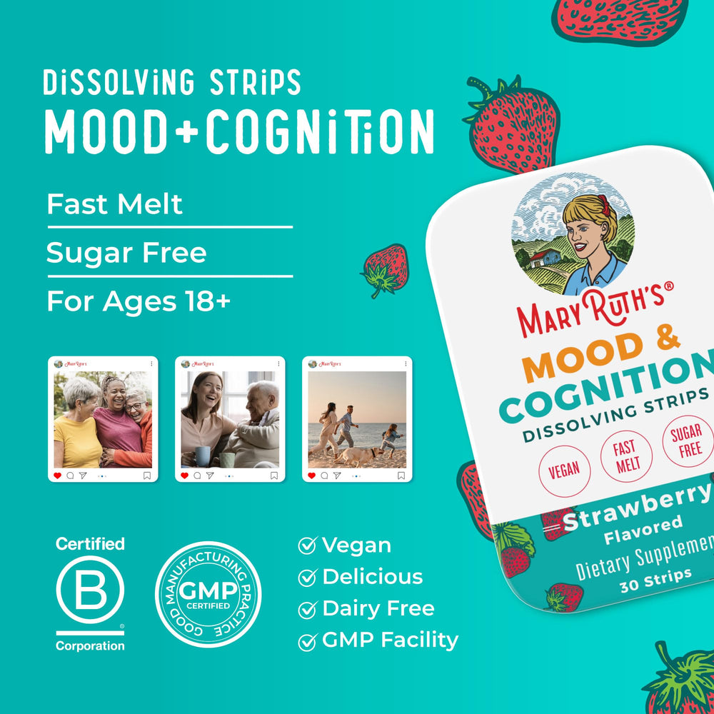 Front view of 30-count MaryRuth's Mood and Cognition Strips pouch