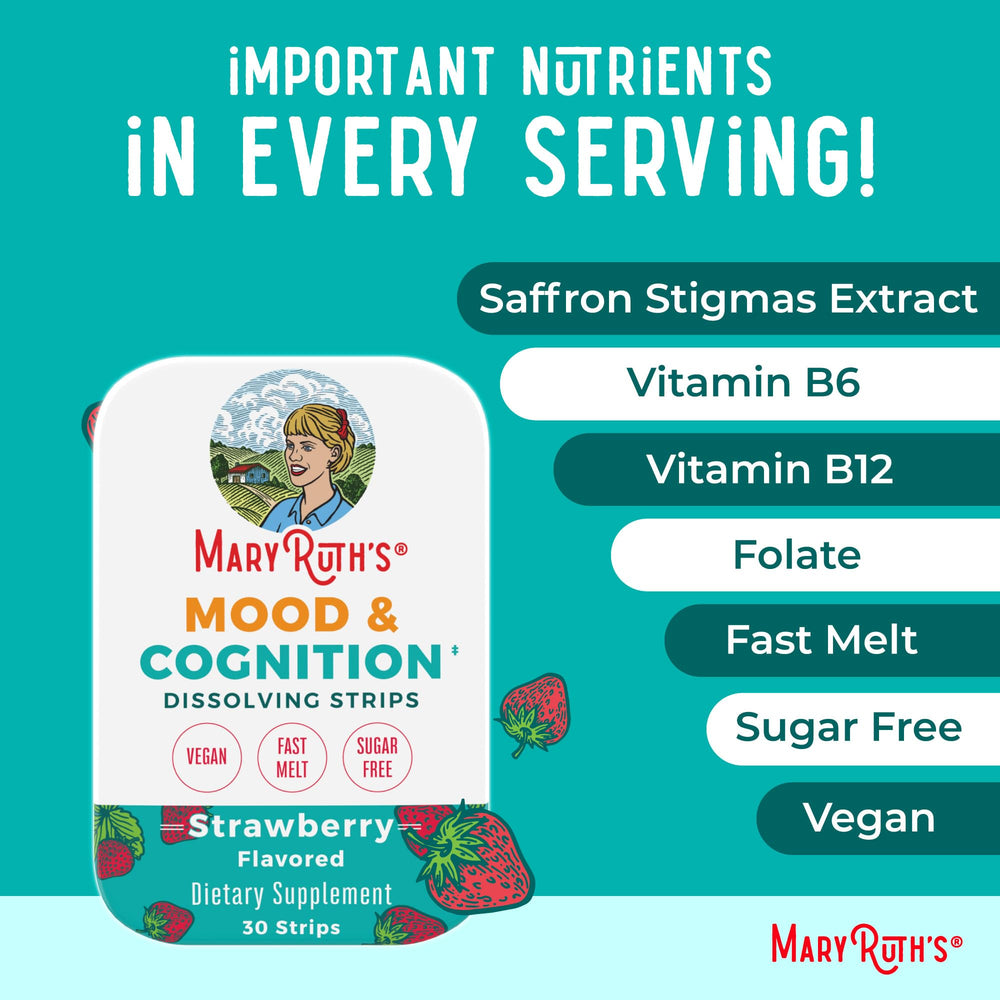 Ingredients panel of MaryRuth's Mood and Cognition Strips on packaging