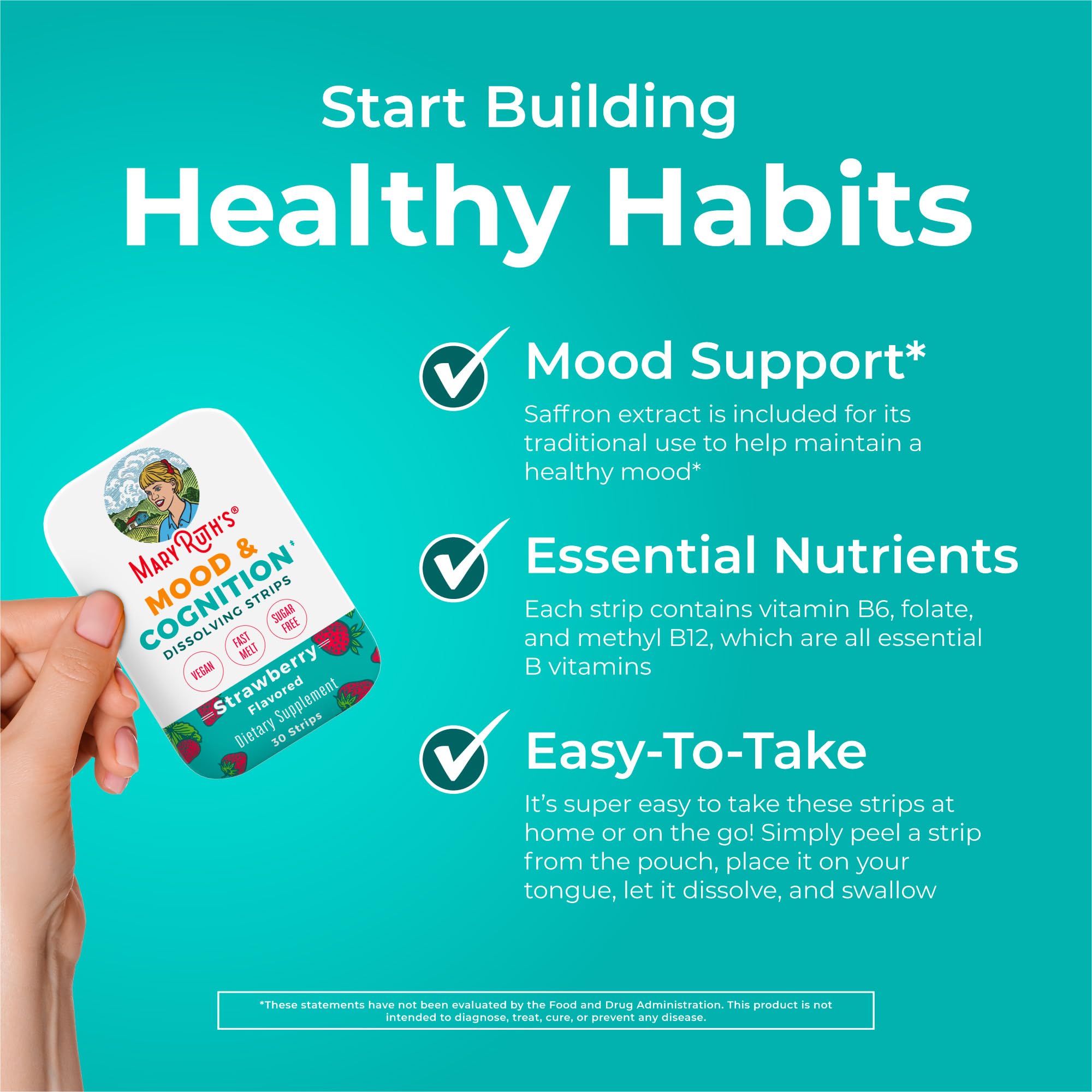 Back label on MaryRuth's Mood and Cognition Strips with supplement details