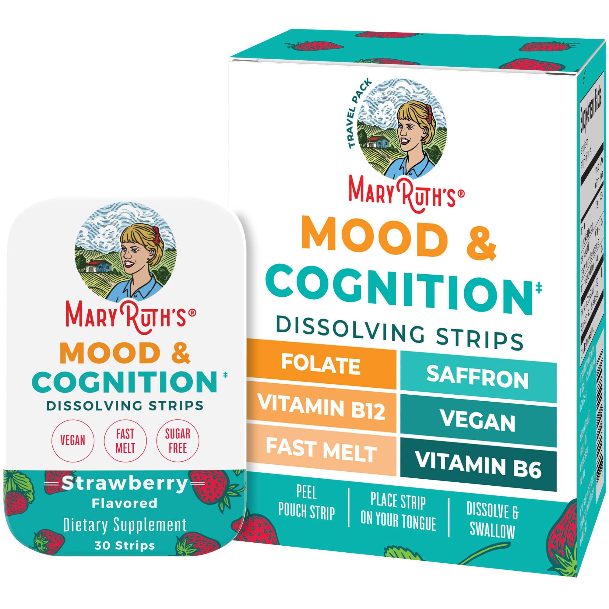 MaryRuth's Mood & Cognition Strips packaging shown for convenient daily use