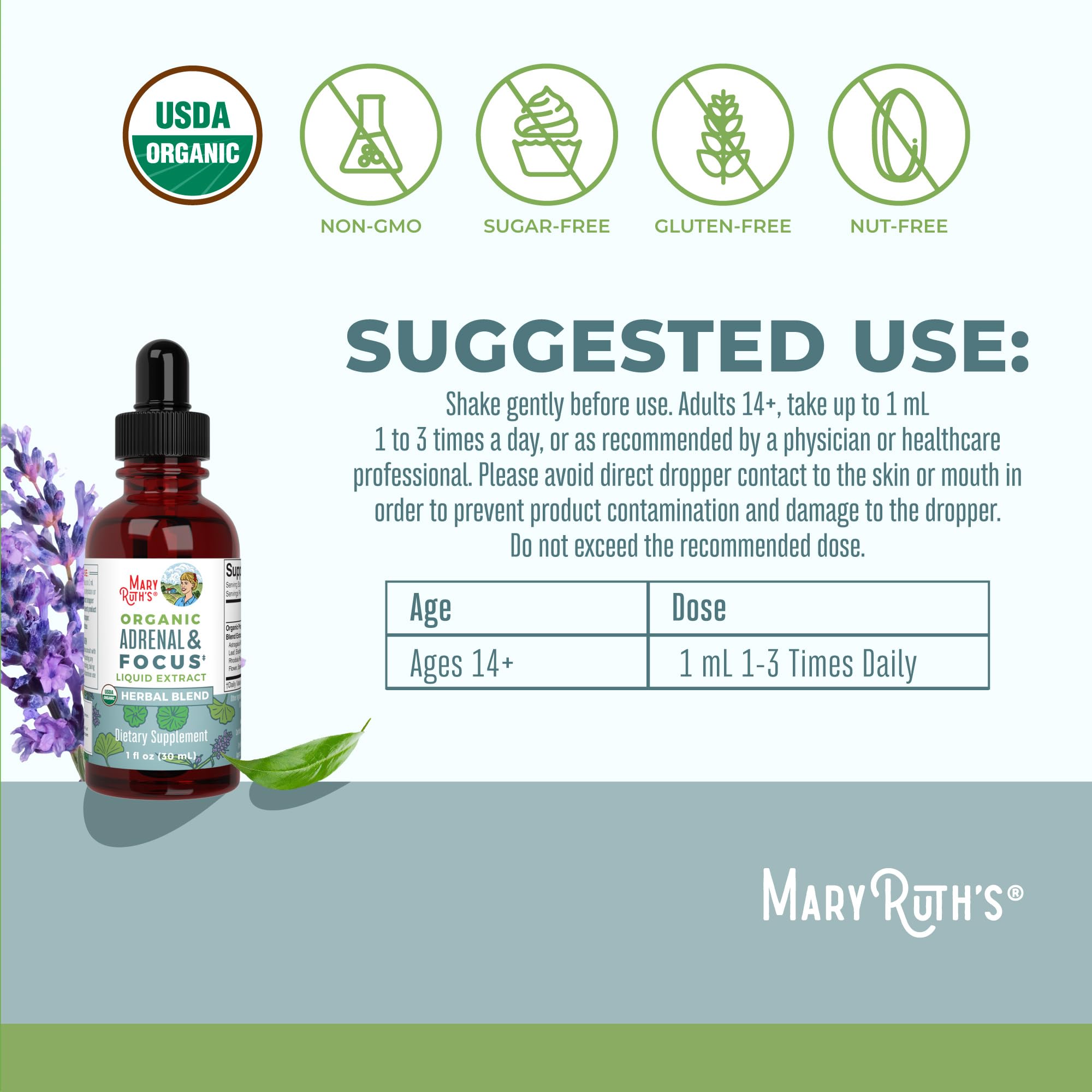 MaryRuth's Organic Herbal Blend label highlights astragalus and ginkgo for daily wellness.