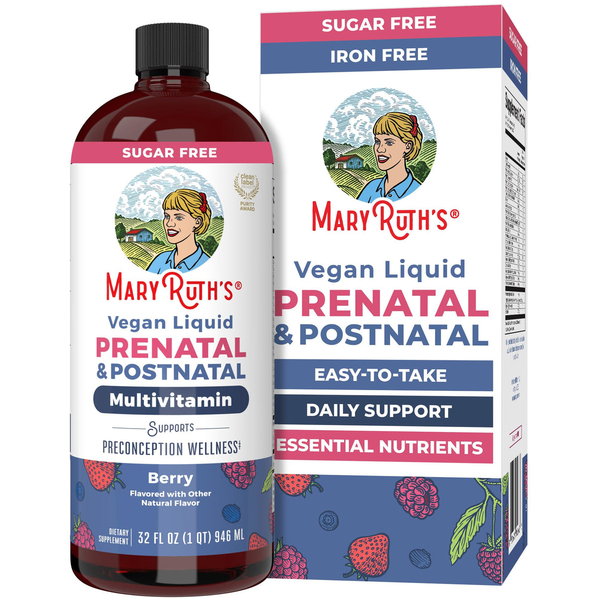 MaryRuths prenatal-postnatal liquid vitamins bottle for convenient daily intake.
