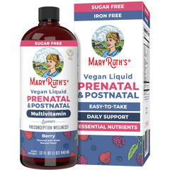 MaryRuths prenatal-postnatal liquid vitamins bottle for convenient daily intake.