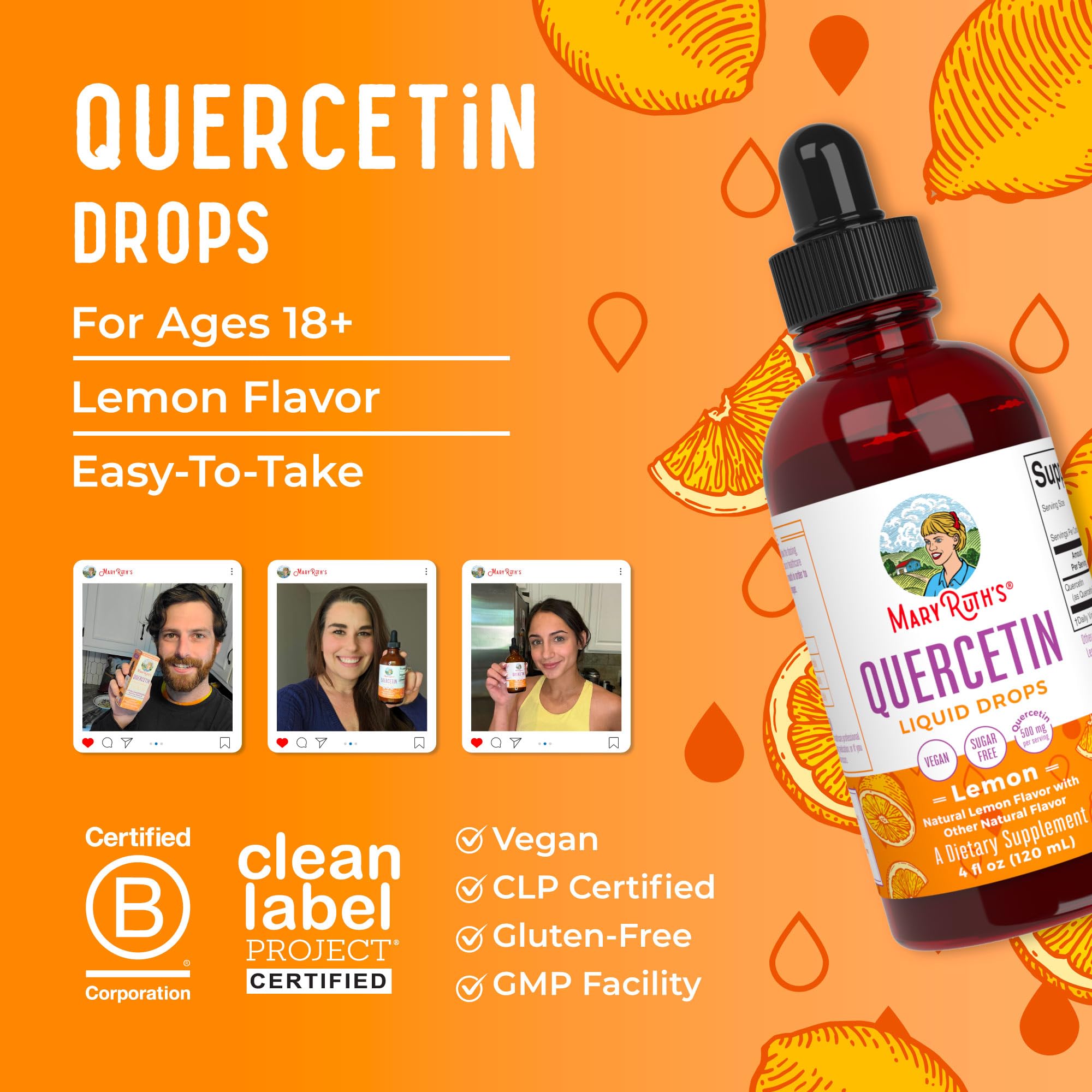 Quercetin Liquid Drops vegan and non-GMO certifications visible on packaging.