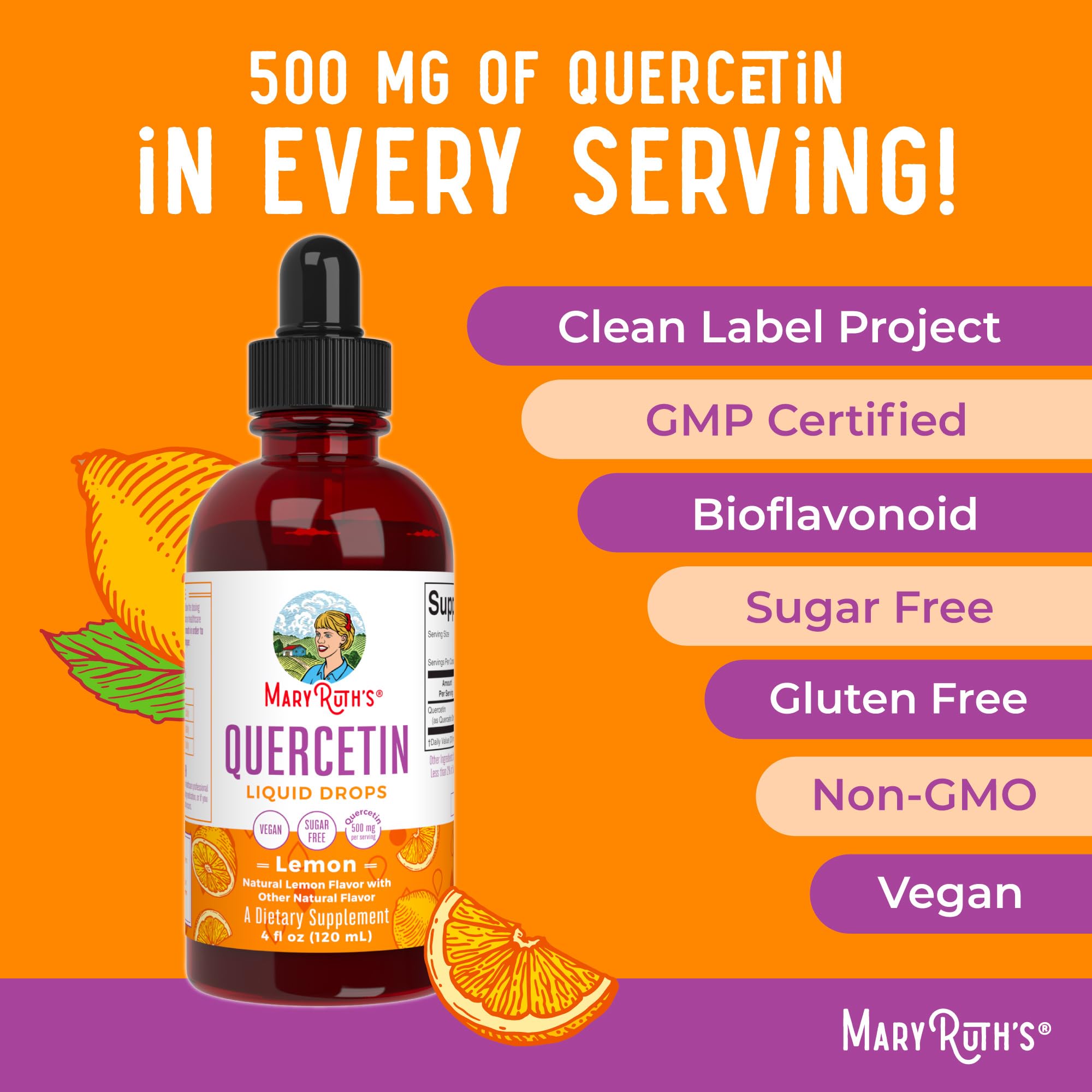 Quercetin Liquid Drops bottle label showing vegan, gluten-free features.