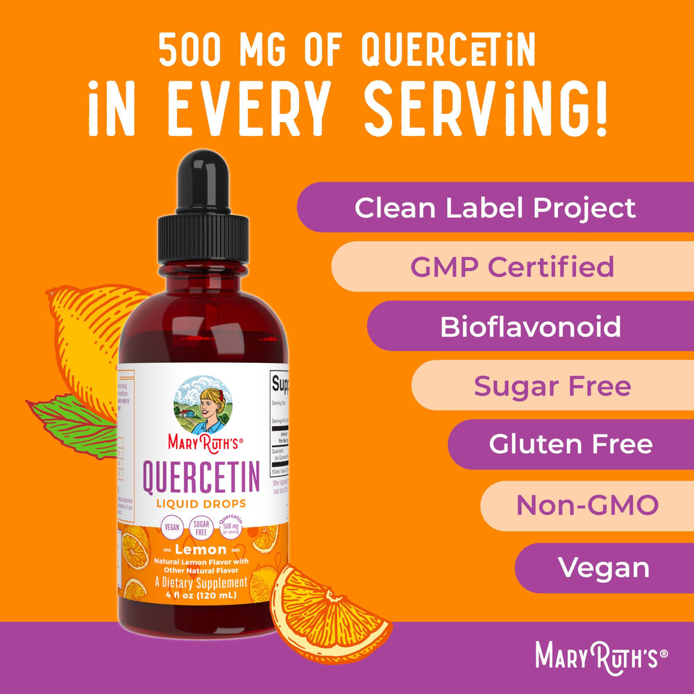 Quercetin Liquid Drops bottle label showing vegan, gluten-free features.