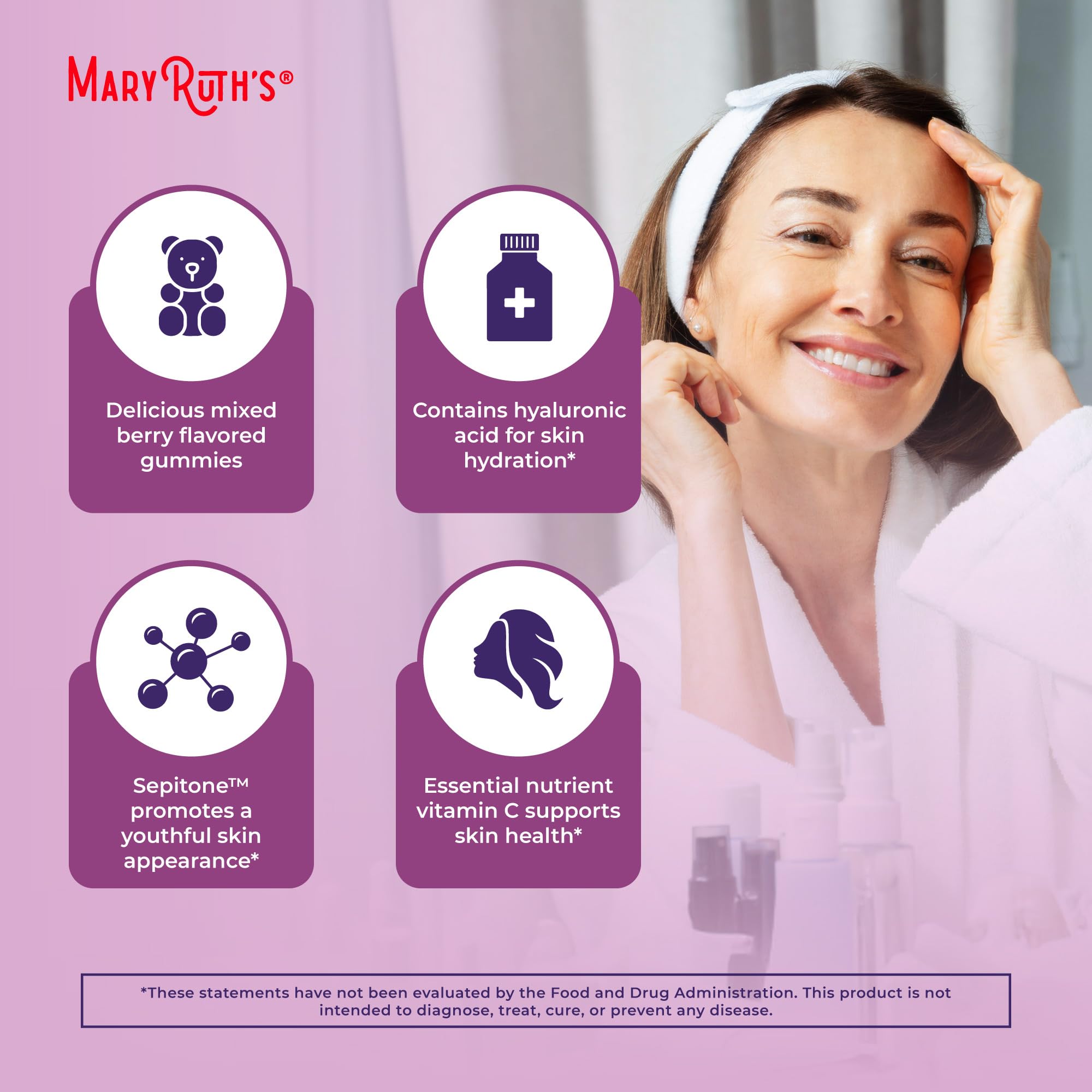MaryRuth's Skin Restore + Renew gummies-berry-flavor suggest tasty hydration.