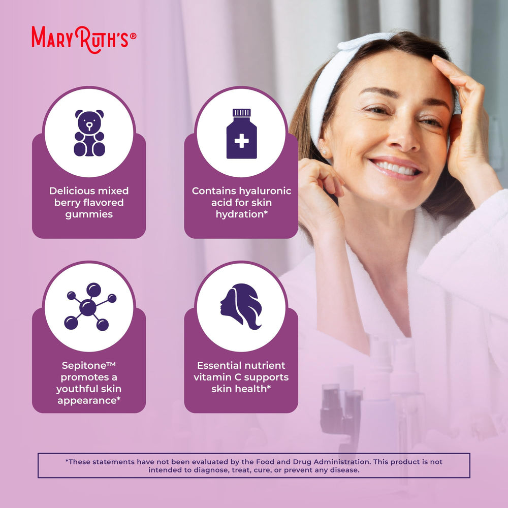 MaryRuth's Skin Restore + Renew gummies-berry-flavor suggest tasty hydration.