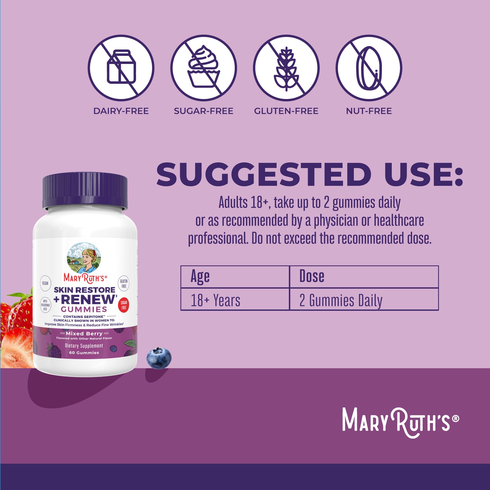 MaryRuth's Skin Restore + Renew gummies pour illustrates easy daily dosage.