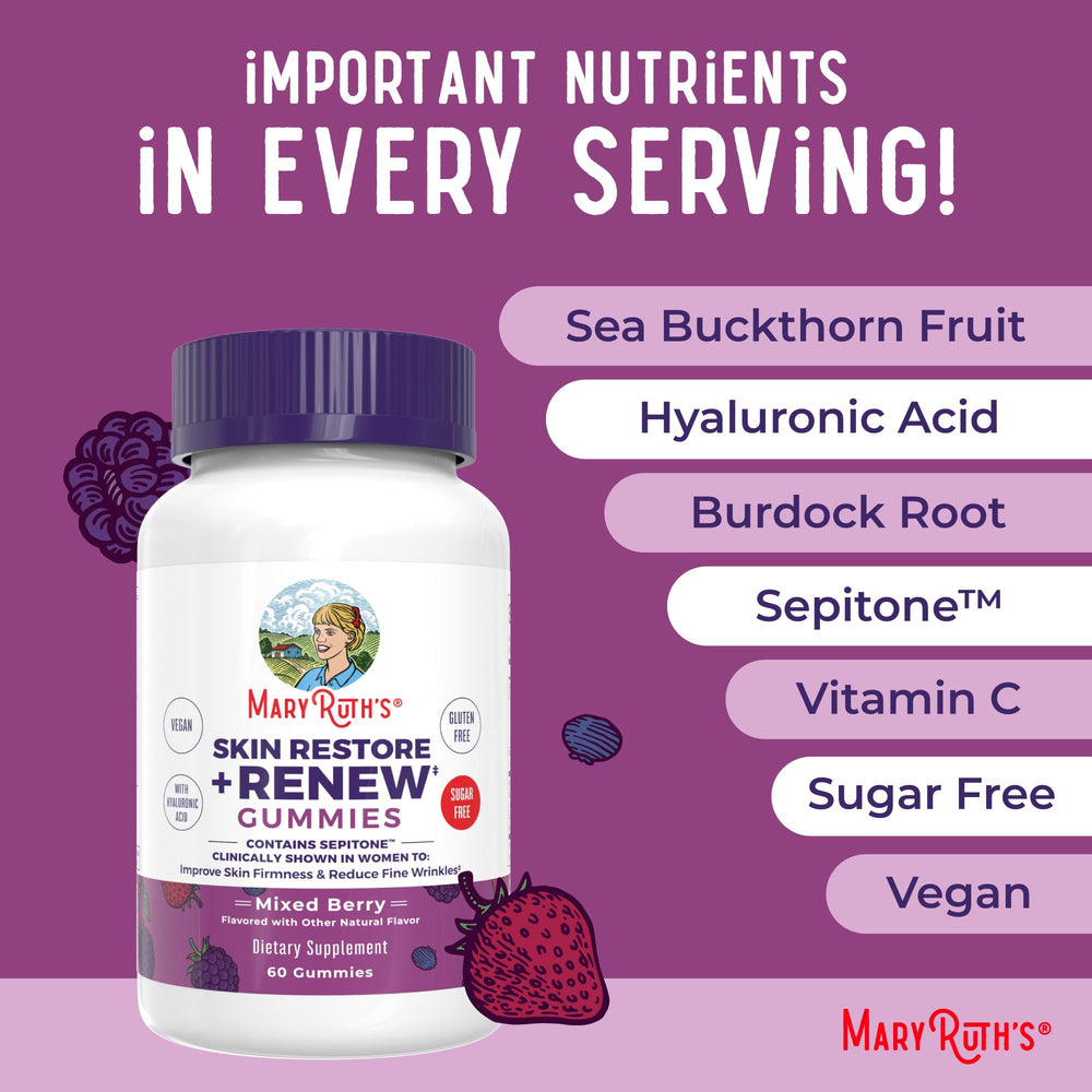 MaryRuth's Skin Restore + Renew gummies-texture closeup shows soft chews.