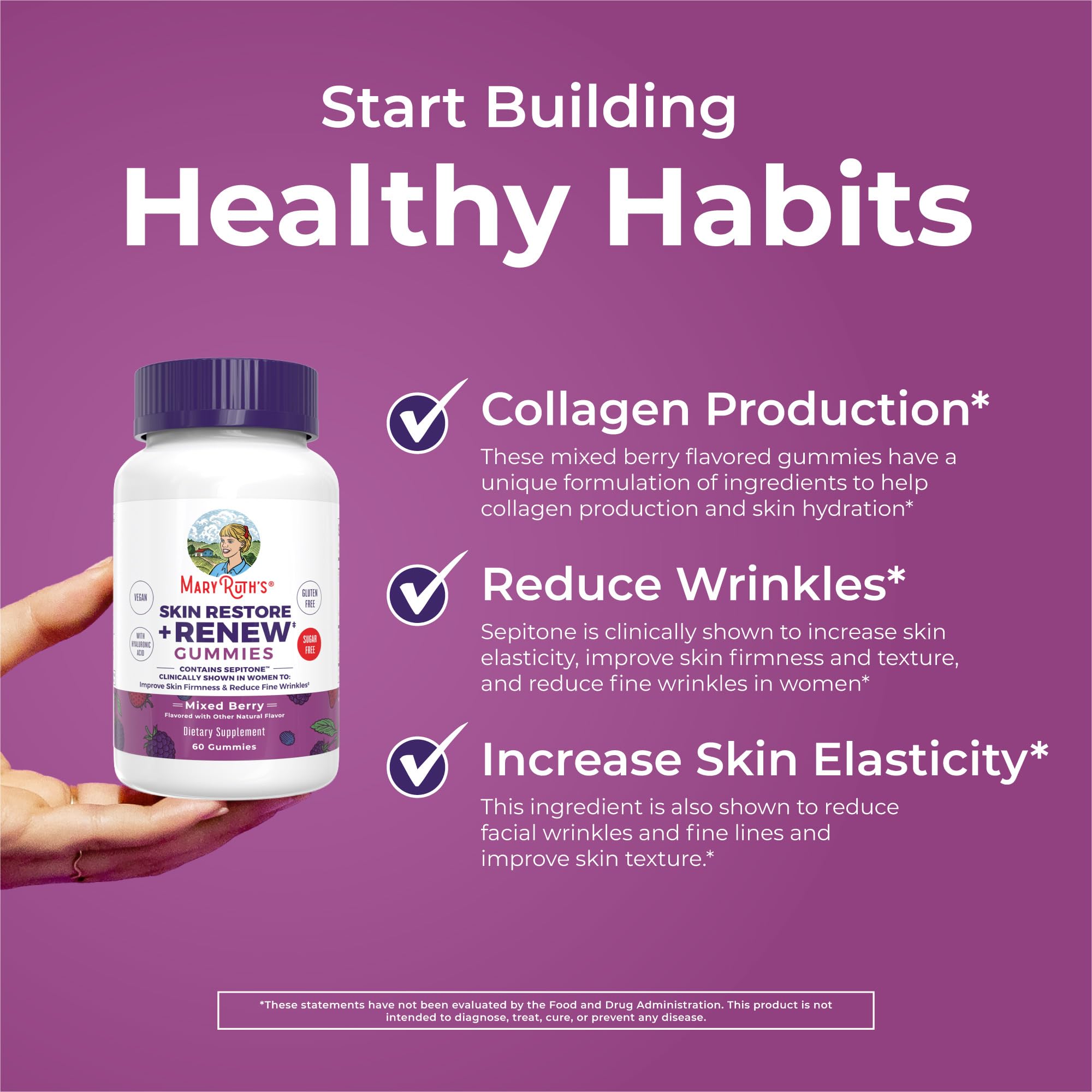 MaryRuth's Skin Restore + Renew label-detail emphasizes clean, vegan formula.
