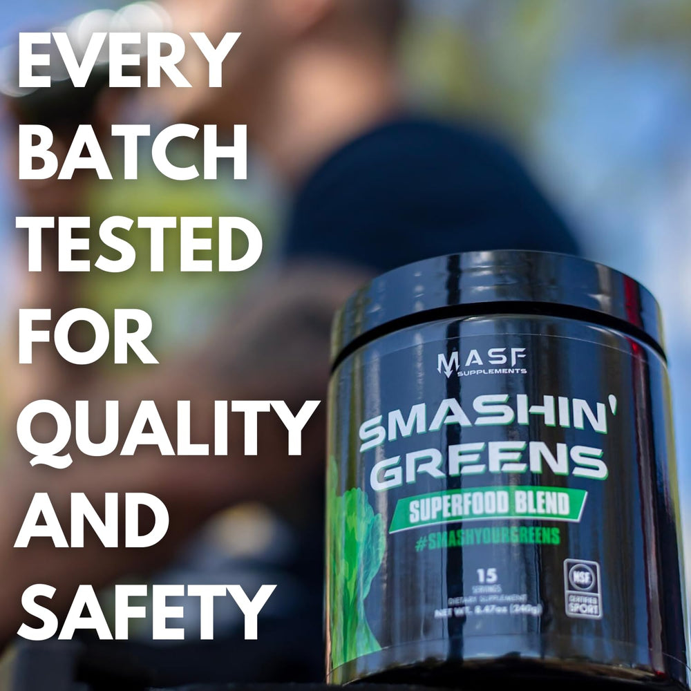MASF Smashin' Greens daily-dose glass shows easy mix into beverages.