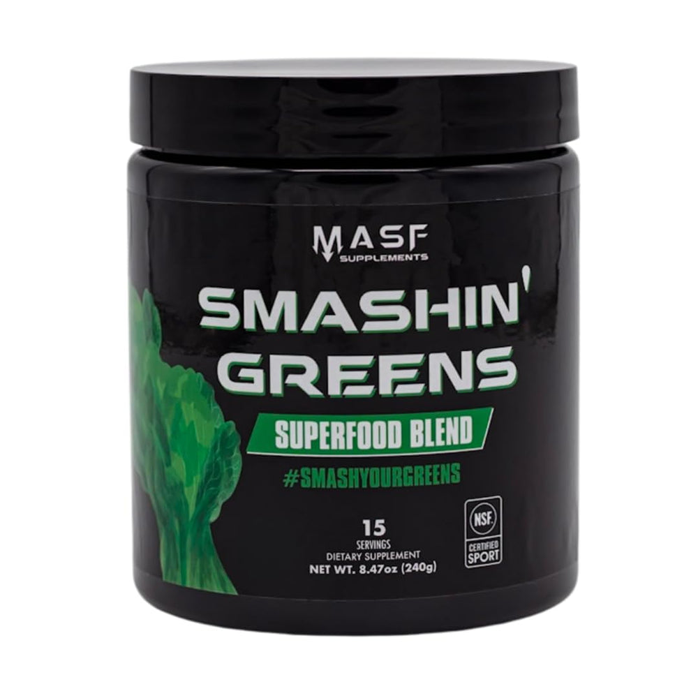 MASF Smashin' Greens organic blend bottle shows NSF-certified safety for daily energy and immunity support.