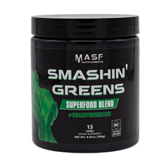 MASF Smashin' Greens organic blend bottle shows NSF-certified safety for daily energy and immunity support.