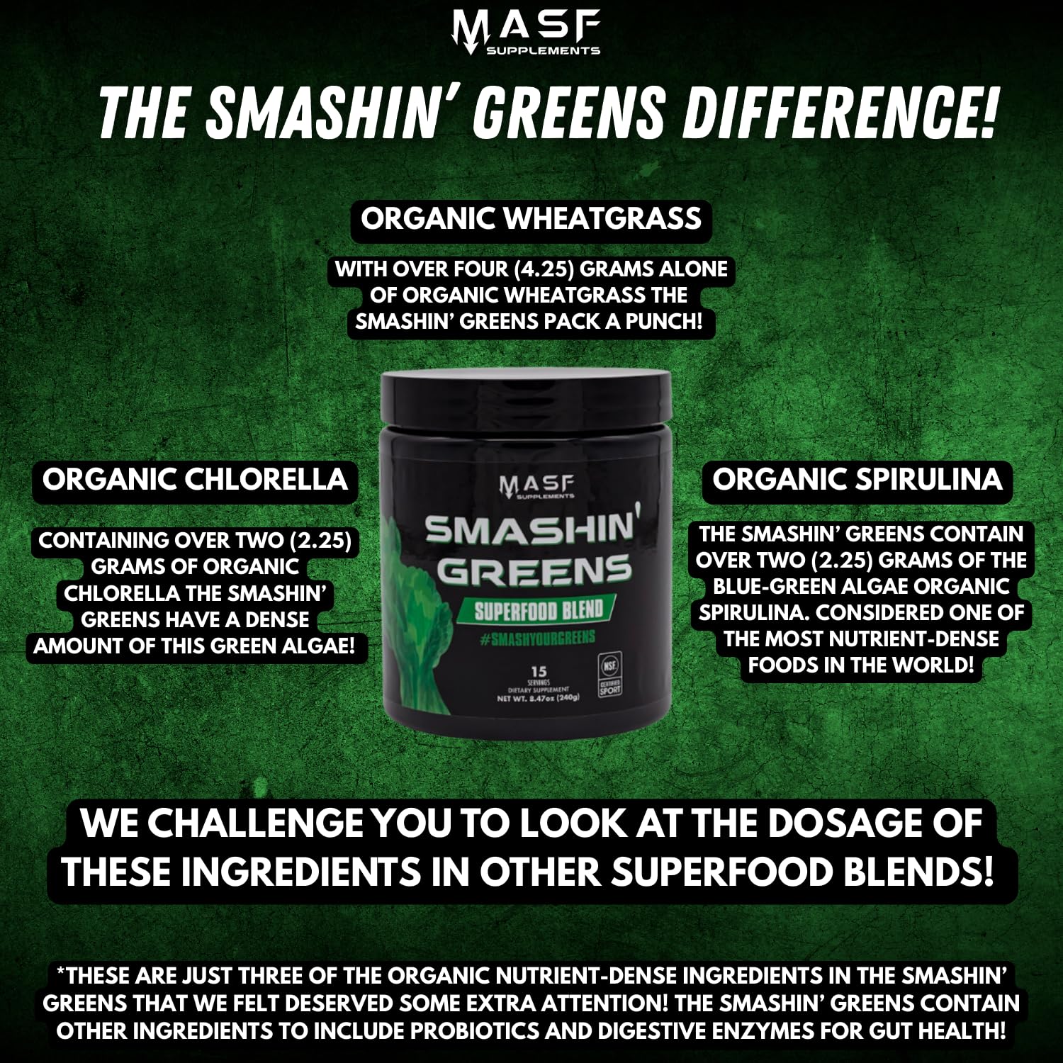 MASF Smashin' Greens close-up of spirulina and chlorella suggests a complete greens profile.