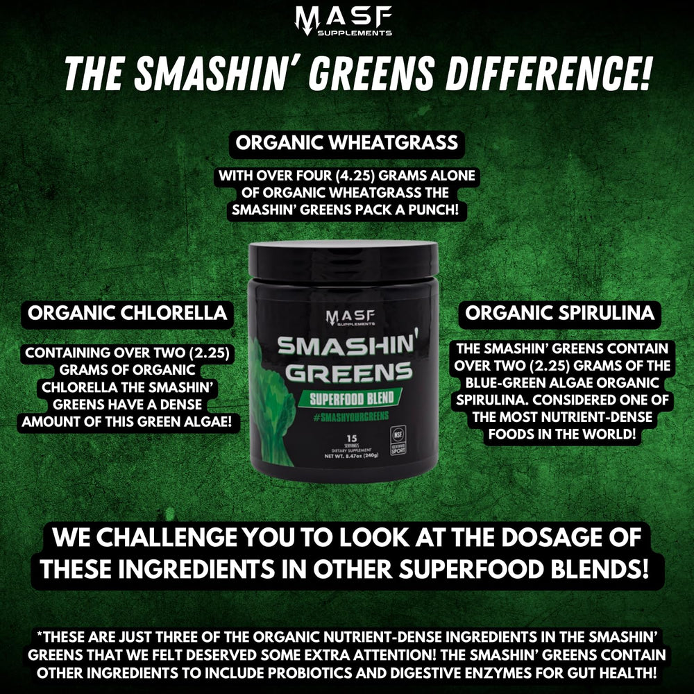 MASF Smashin' Greens close-up of spirulina and chlorella suggests a complete greens profile.