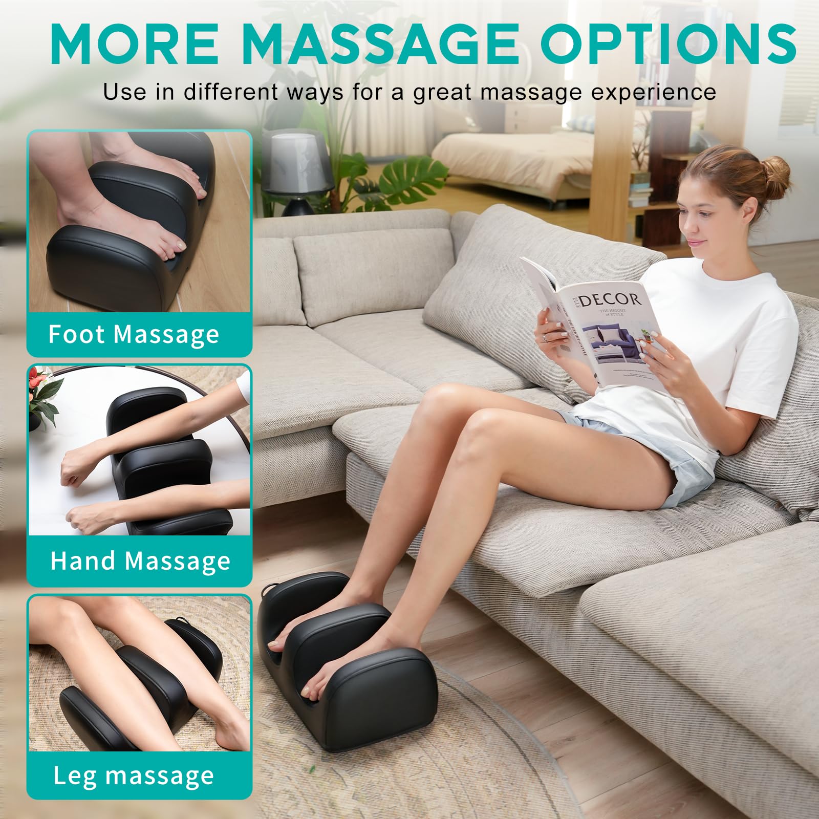 MASGRE Foot Massager shows bi-directional shiatsu rotation for relief.