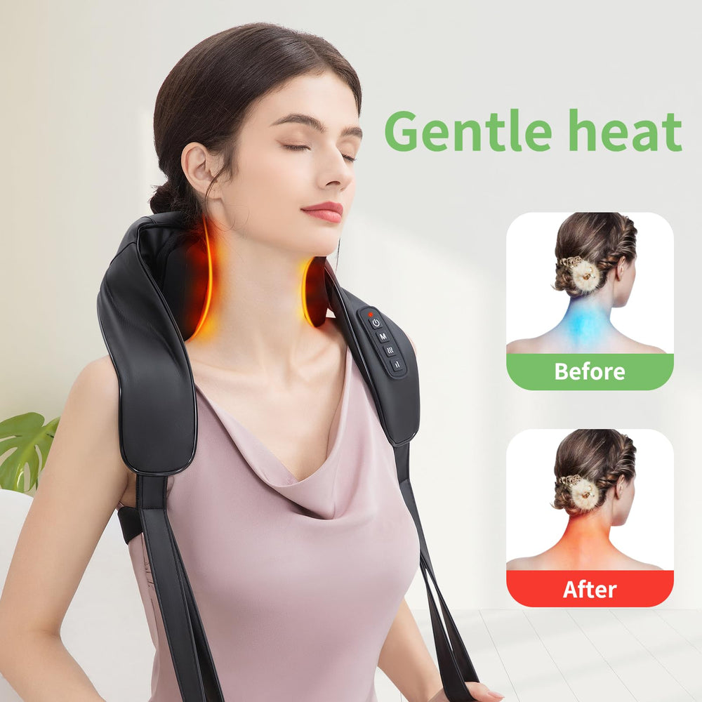 U-shaped MASGRE massager design covers neck, trapezius, and shoulders for broader relief