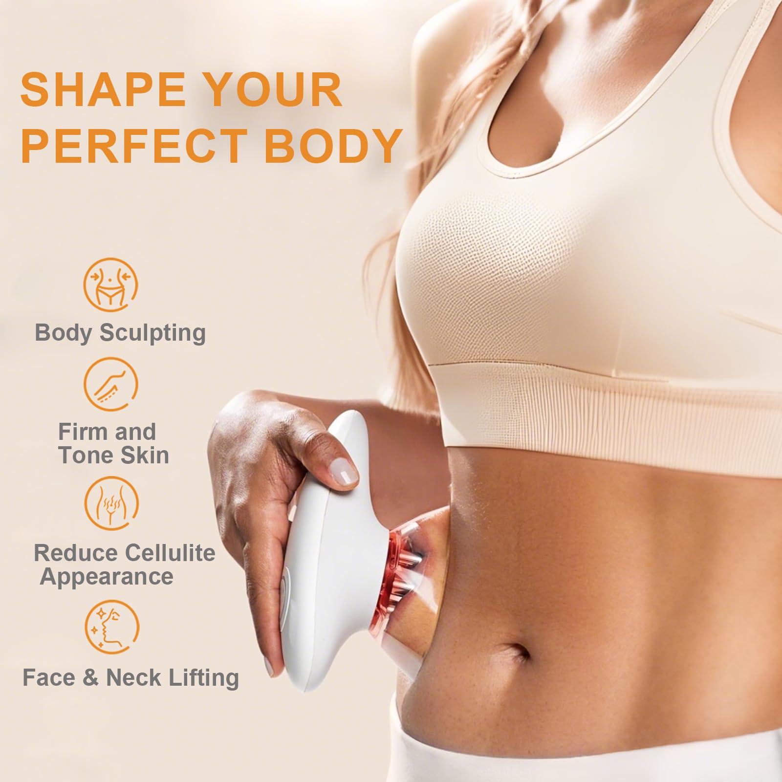 MASIKETEC cupping therapy massager with interchangeable cups targets abdomen and thighs for contouring.