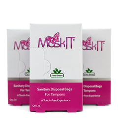 MaskIT tampon disposal bags unboxing shows discreet, portable packaging for travel and home use