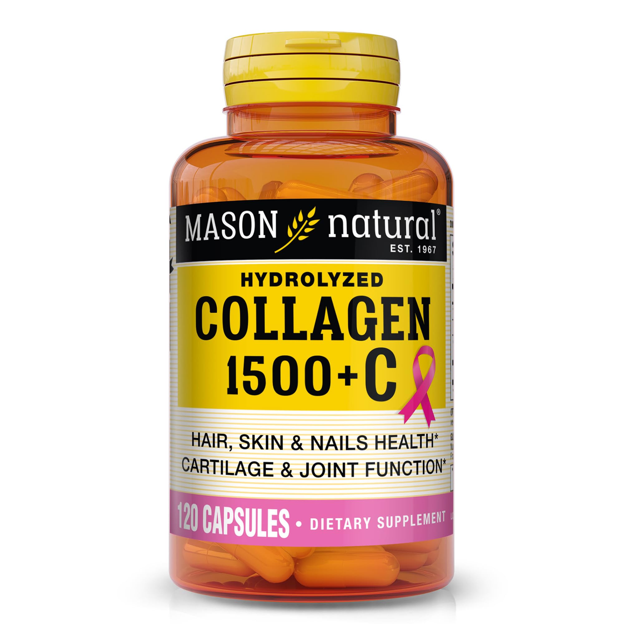 Mason Natural 1500mg collagen bottle for daily hair, skin, and nails support.