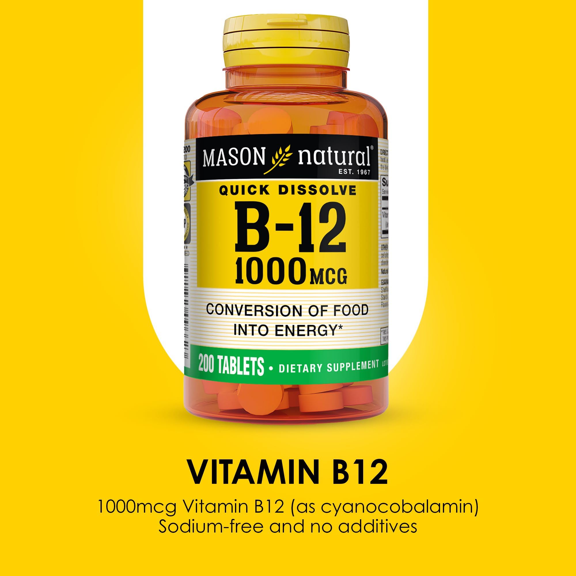 Mason Natural B12 1000 mcg cyanocobalamin tablet closeup highlighting vitamin form