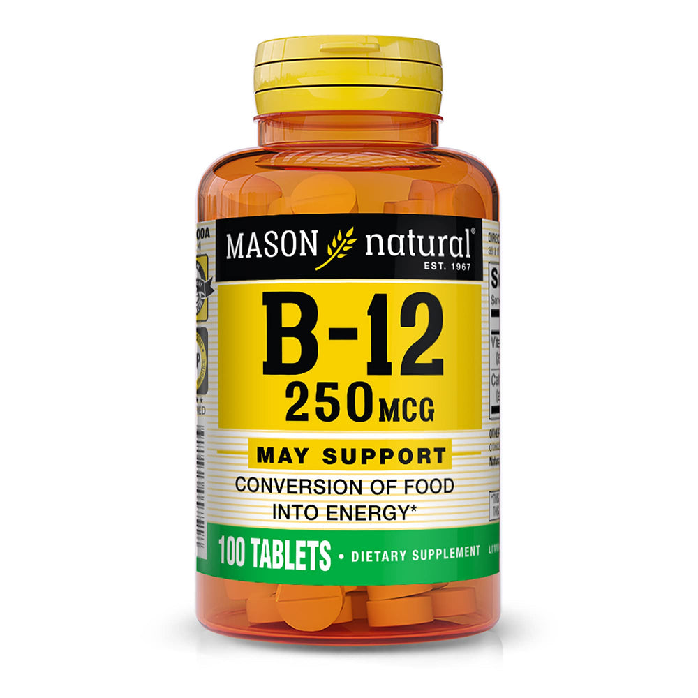 Mason Natural Vitamin B12 250mcg tablets close-up showing compact daily supplement for energy support