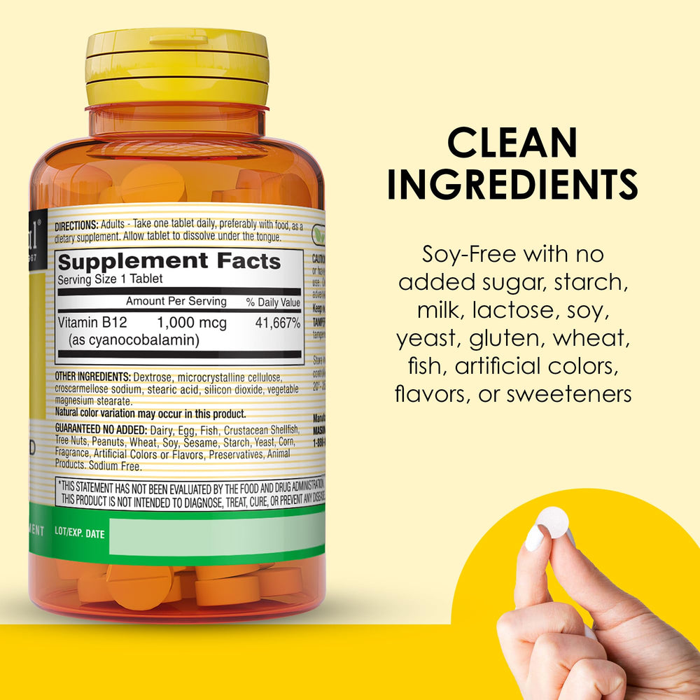 Mason Natural B12 packaging shows 100-count bottle for daily use.